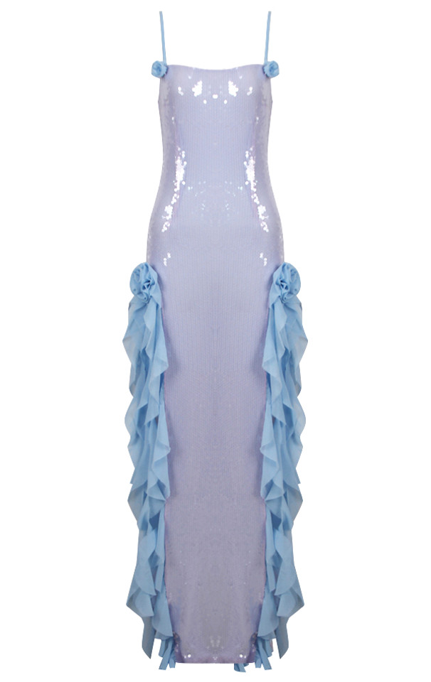 Flower Ruffle Detail Sequin Maxi Dress Silver Blue Flower Ruffle Detail Sequin Maxi Dress Silver Blue