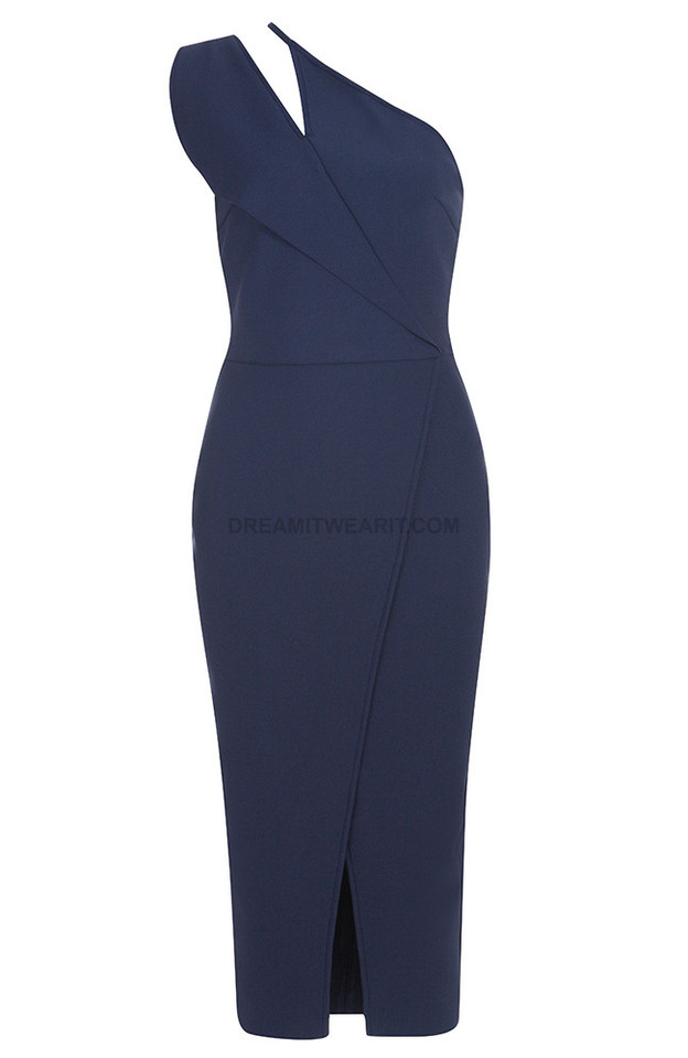 One Shoulder Pearl Midi Dress Navy Blue