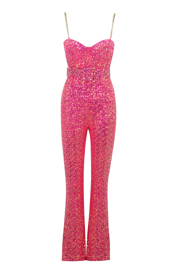 Belt Detail Sequin Jumpsuit Hot Pink