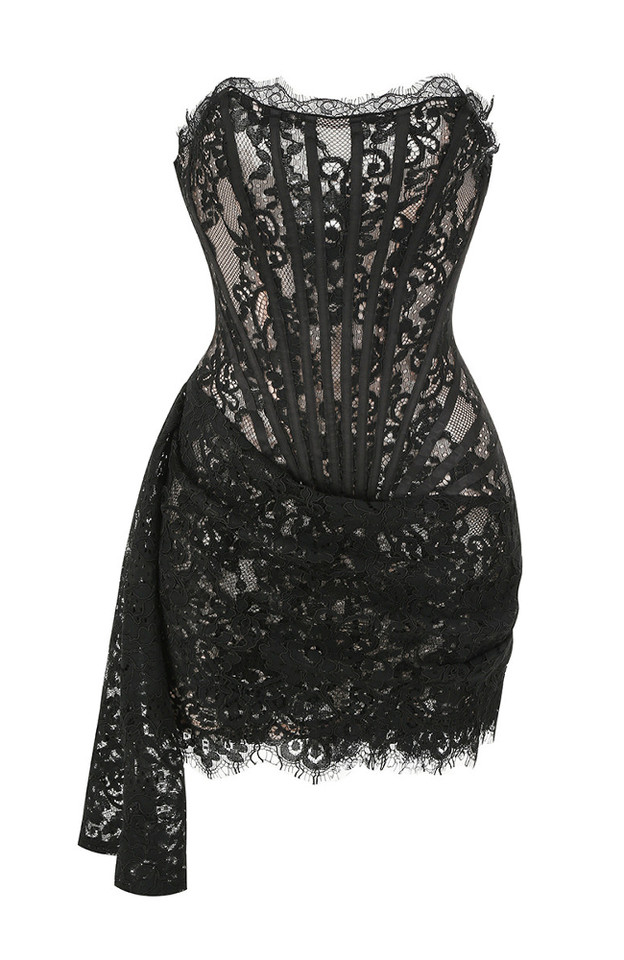 Strapless Lace Draped Corset Dress Black