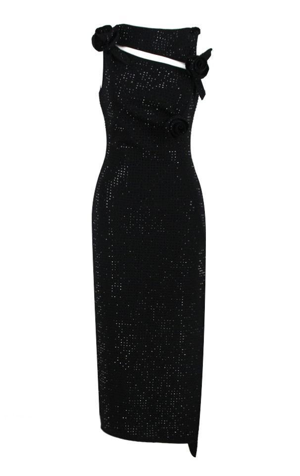 Flower Detail Sparkly Midi Dress Black