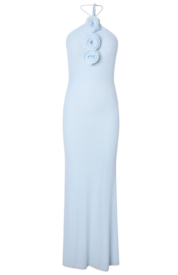 Halter Flower Detail Maxi Dress Light Blue