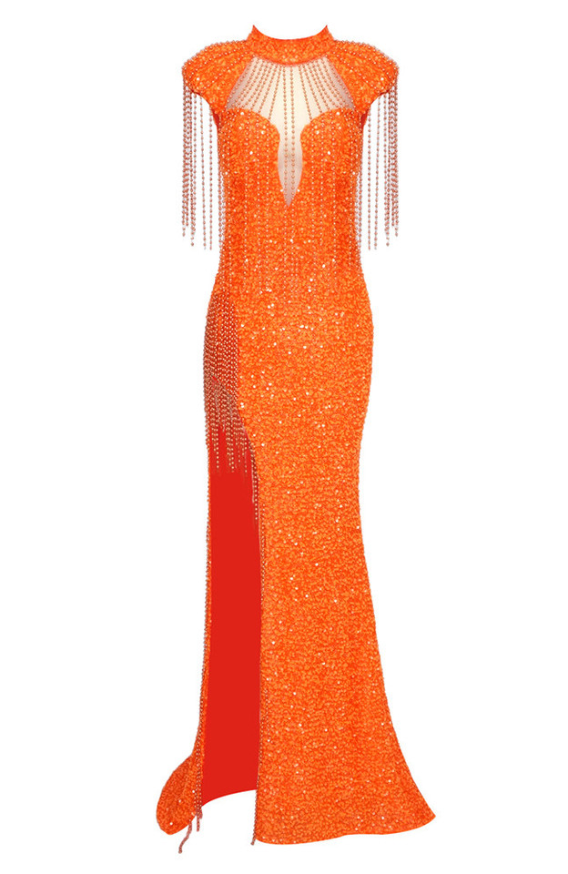 Tassel Detail Sequin Mermaid Maxi Dress Orange