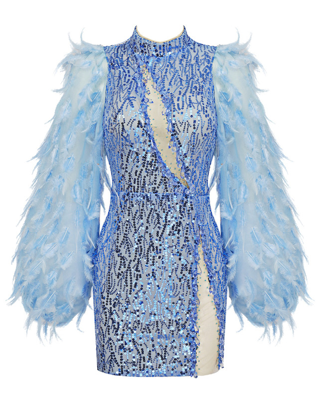 Feather Sleeves Sequin Dress Blue