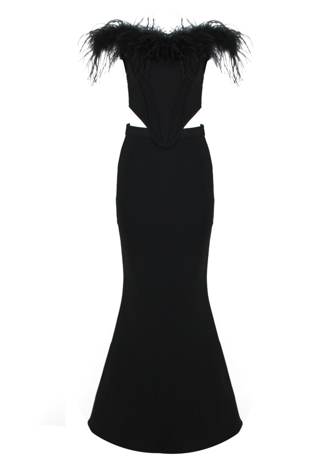 Feather Off Shoulder Mermaid Maxi Dress Black