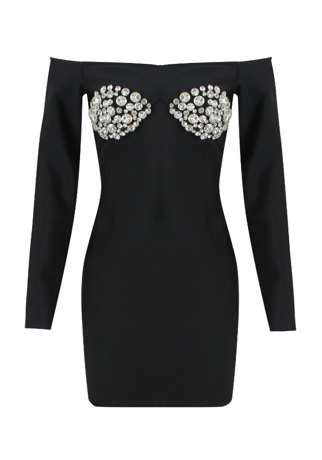 Long Sleeve Off Shoulder Crystal Bustier Dress Black