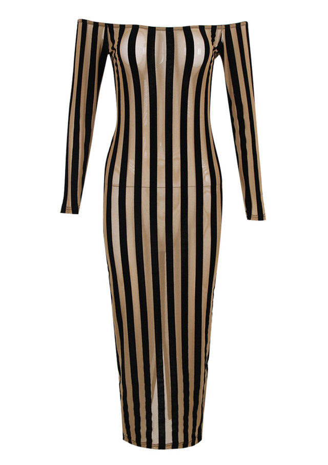 Long Sleeve Striped Midi Dress Black Nude