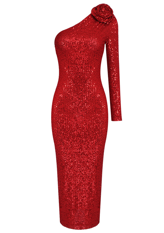 One Sleeve Sequin Midi Dress Red