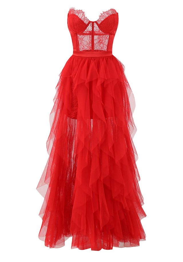 Strapless Lace Bustier Ruffle Maxi Dress Red