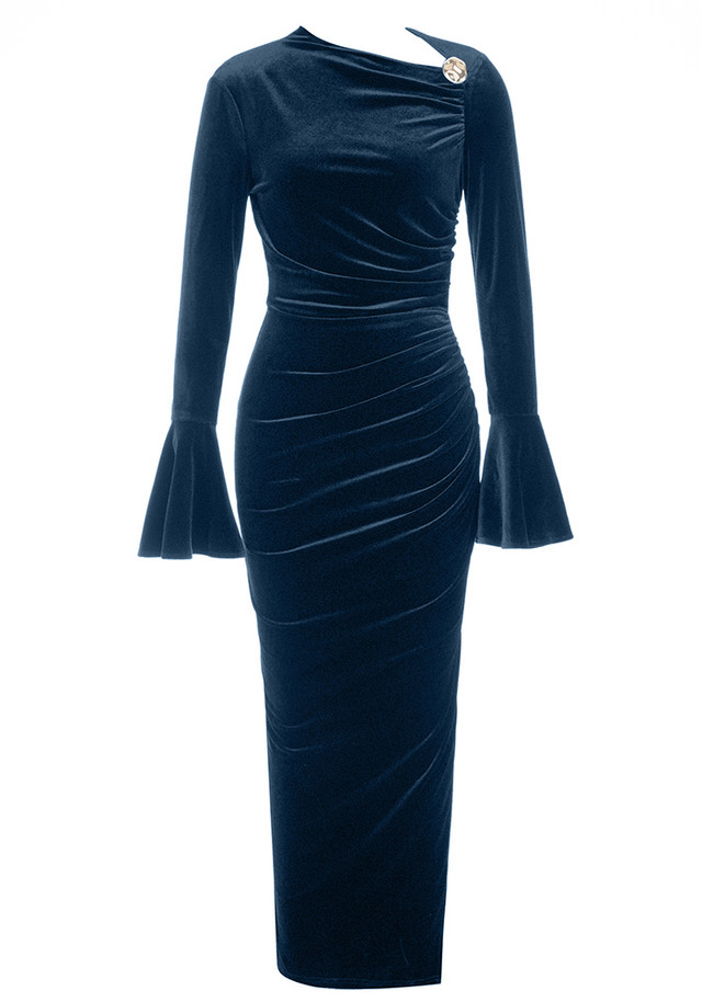 Poet Sleeve Midi Velvet Dress Blue