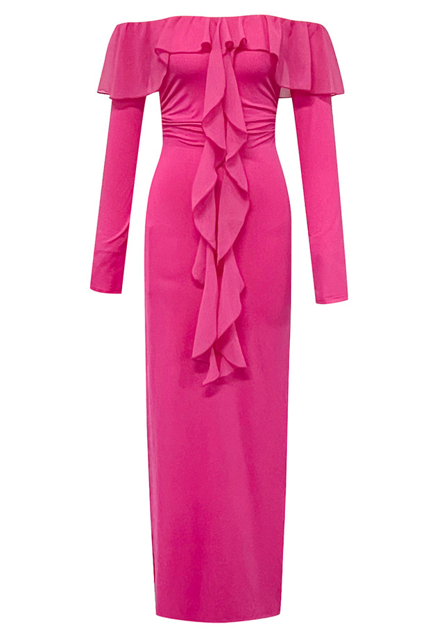 Long Sleeve Ruffle Maxi Dress Hot Pink