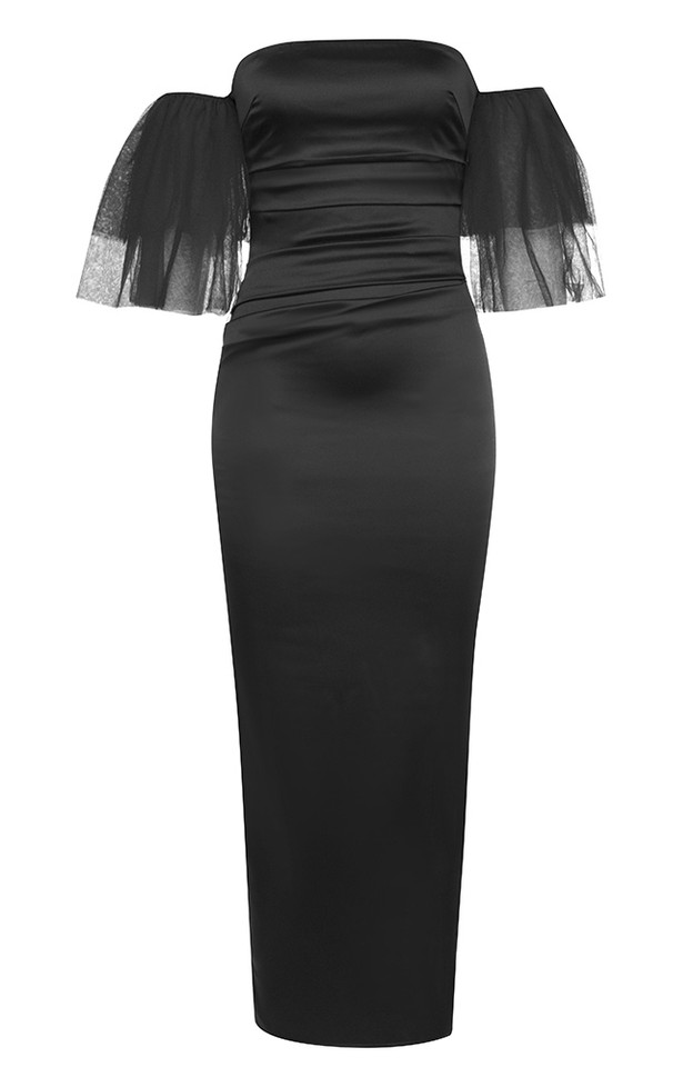 Ruffle Mesh Sleeve Maxi Dress Black