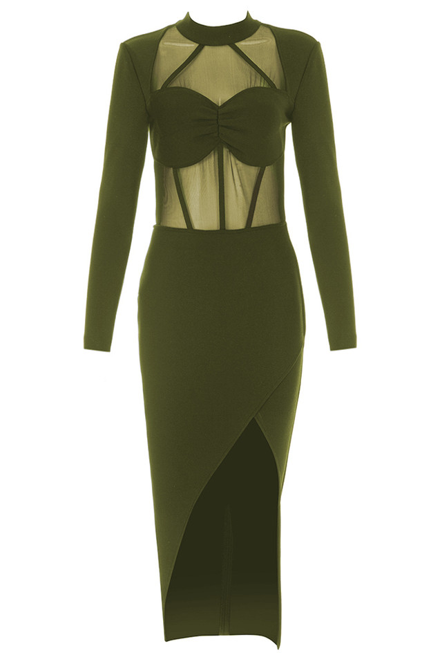 Long Sleeve Mesh Insert Midi Dress Green