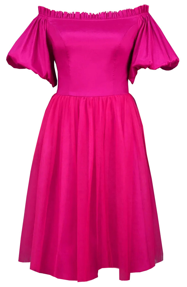 Puff Sleeve Mesh Skater Midi Dress Hot Pink