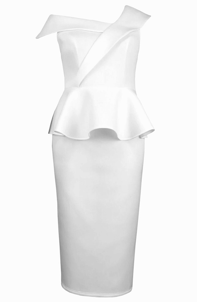 One Shoulder Peplum Midi Dress White