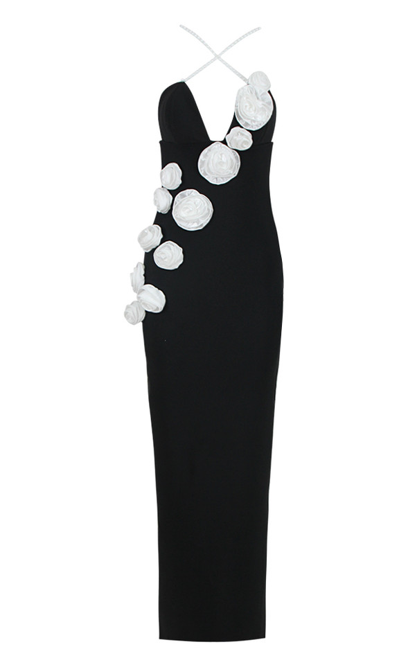 Flower Detail Pearl Straps Maxi Dress Black White