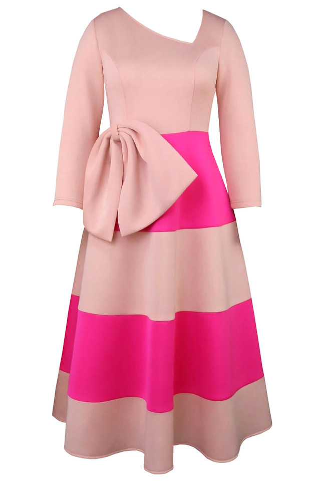 Long Sleeve Bow A Line Midi Dress Pink Hot Pink