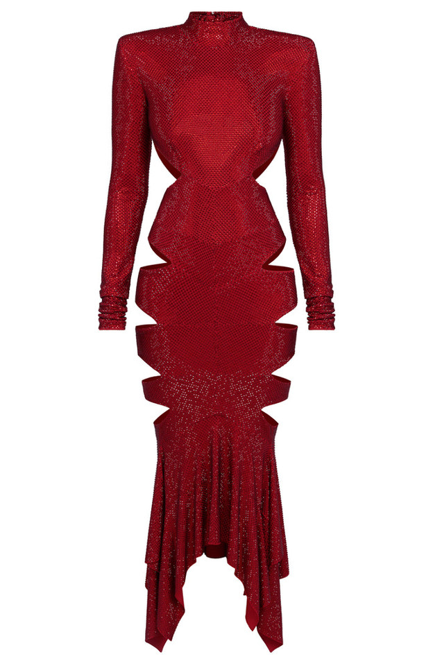 Long Sleeve Cut Out Sparkly Maxi Dress Red