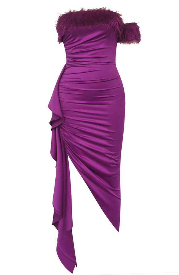 Bardot Feather Draped Silk Dress Hot Pink