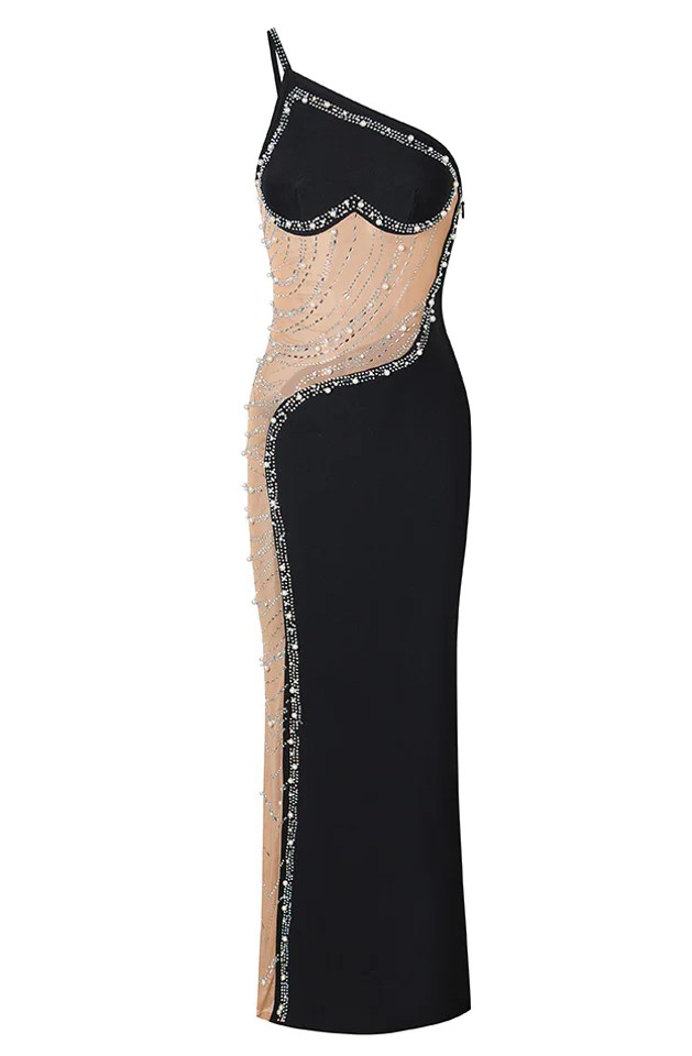 One Shoulder Embellished Maxi Dress Black