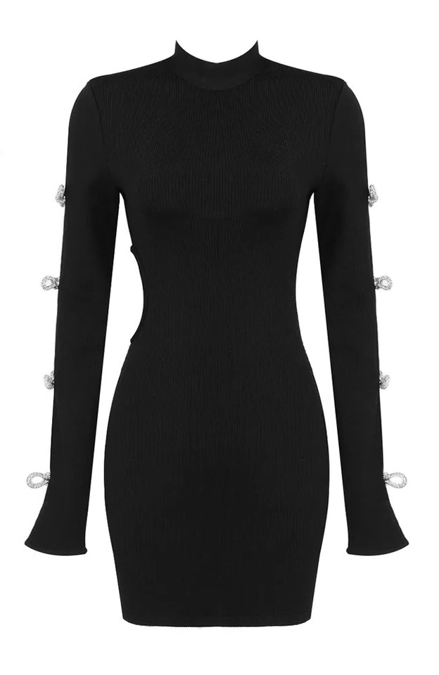 Long Sleeve Embellished Ribbed Dress Black