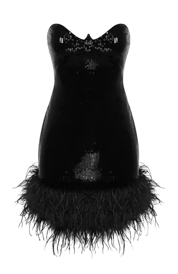 Strapless Bustier Feather Sequin Dress Black