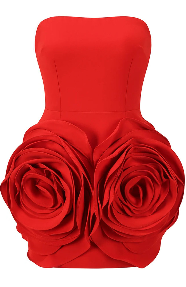 Strapless Flower Detail Dress Red