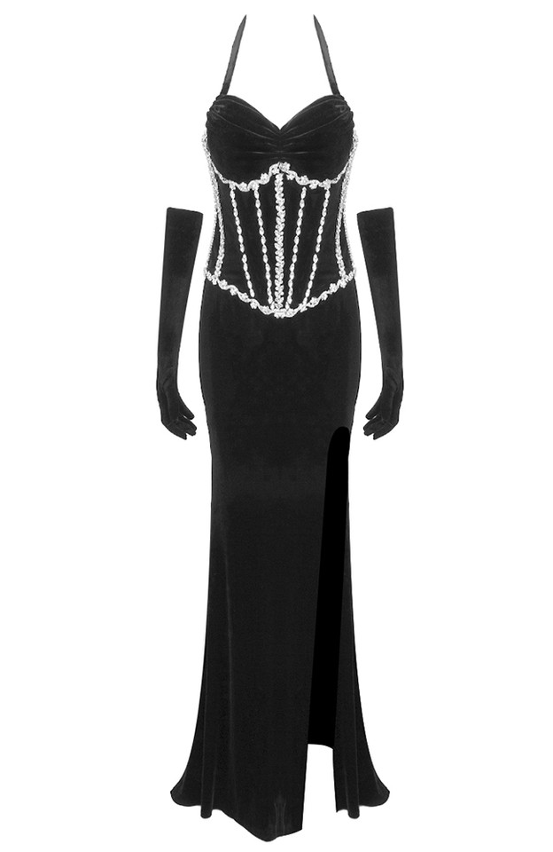 Halter Crystal Corset Maxi Velvet Dress Black