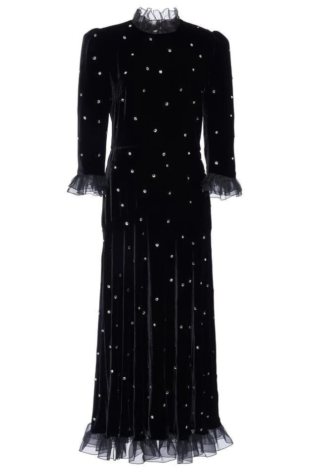 Ruffle Crystal A Line Midi Velvet Dress Black