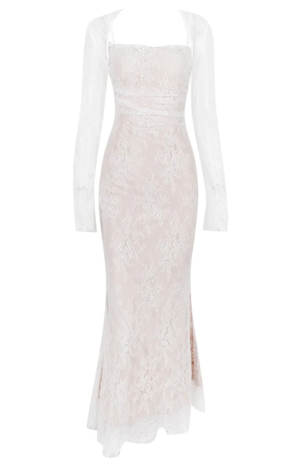 Long Sleeve Draped Lace Corset Maxi Dress White