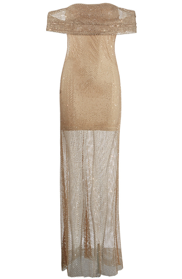 Draped Bardot Crystal Maxi Dress Nude