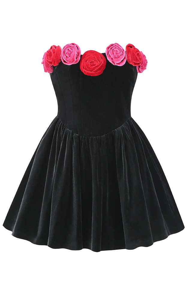 Flower Detail Strapless A Line Velvet Dress Black