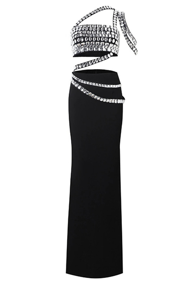 One Shoulder Crystal Maxi Dress Black