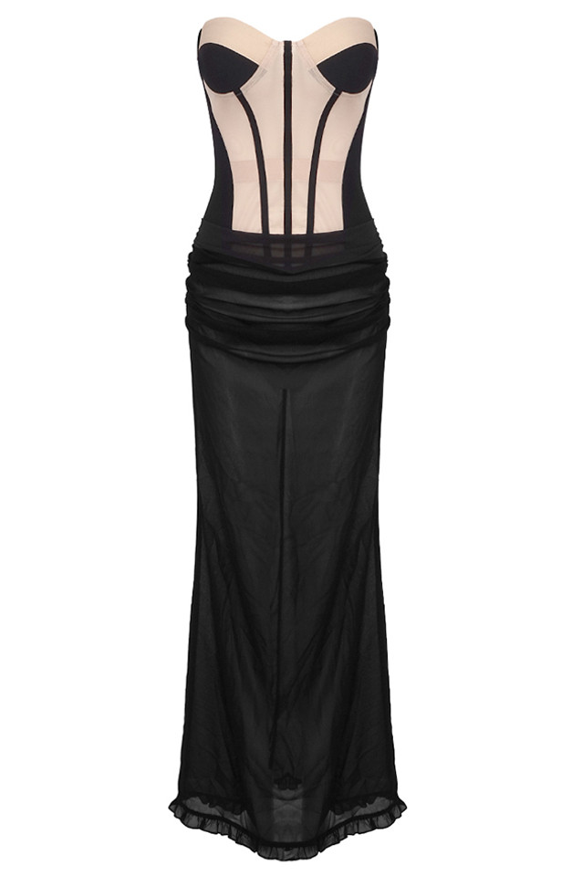 Strapless Corset Two Piece Maxi Dress Black Nude