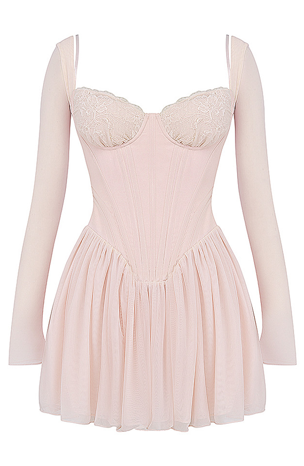 Long Sleeve Lace Bustier A Line Dress Pink