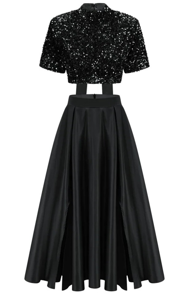 Sequin Short Sleeve A Line Maxi Two Piece Dress Black