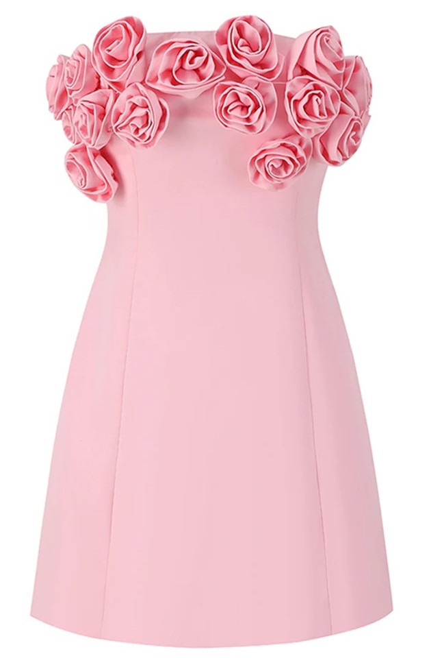 Strapless Rose Detail Dress Pink