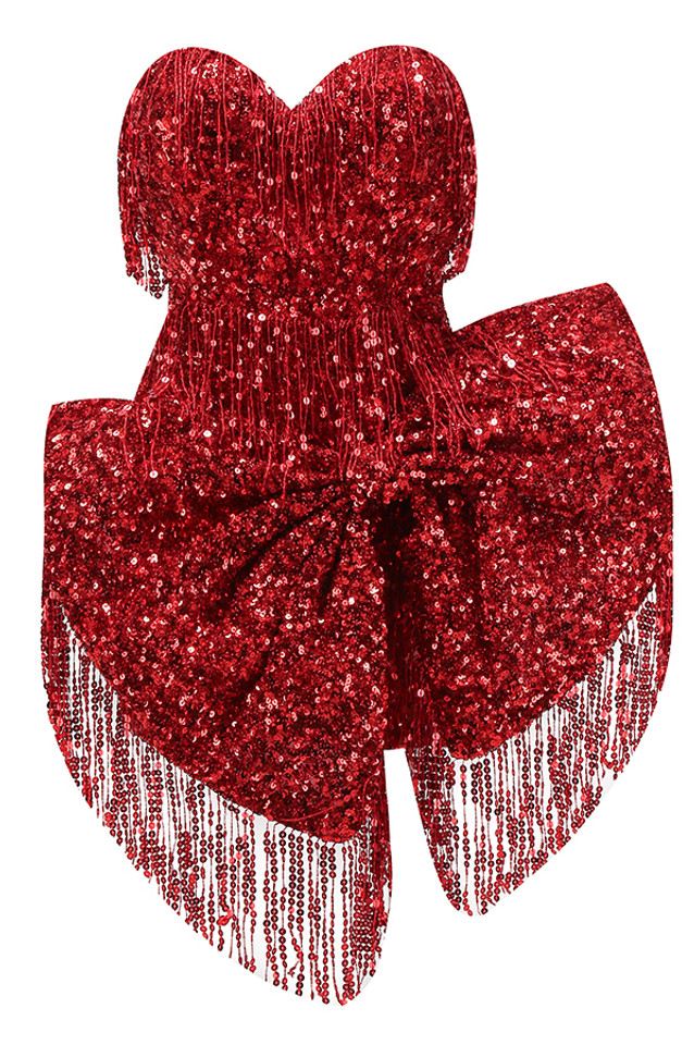 Strapless Sequin Tassel Bow Dress Red