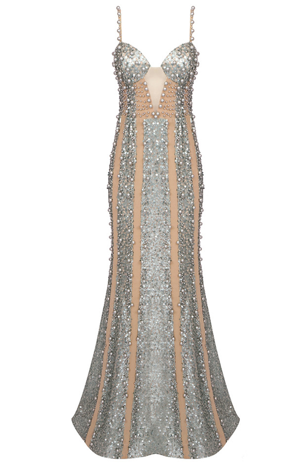 Bustier Sequin Embellished Mermaid Maxi Dress Green