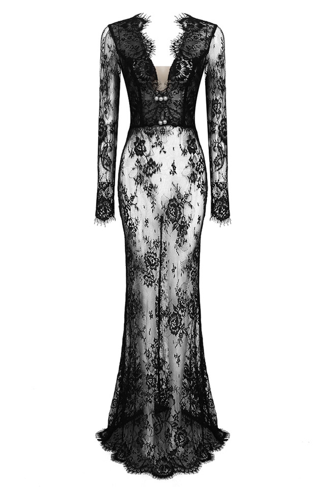 Long Sleeve Scalloped Lace Maxi Dress Black Long Sleeve Scalloped Lace Maxi Dress Black
