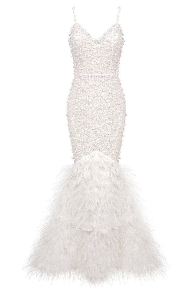 Pearl Sequin Feather Mermaid Maxi Dress White