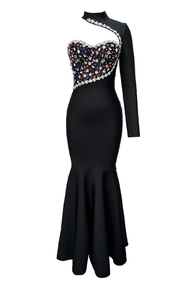 One Sleeve Embellished Mermaid Maxi Dress Black