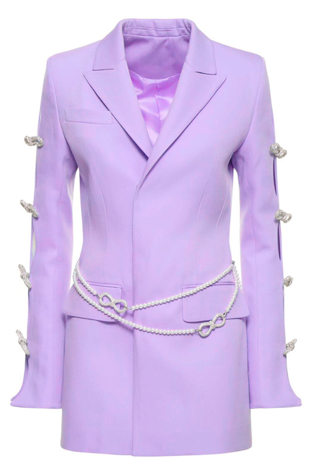 Long Sleeve Crystal Bow Blazer Dress Lavender