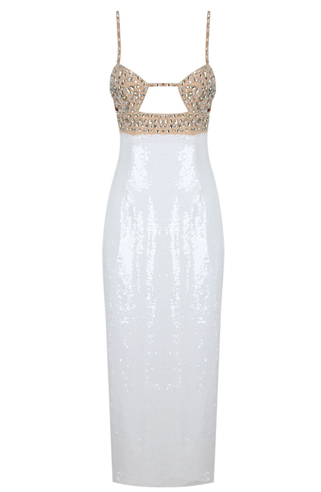 Crystal Bustier Sequin Midi Dress Nude White