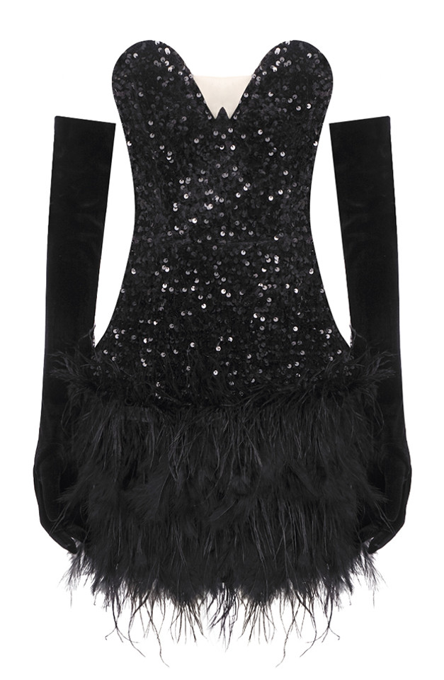 Strapless Sequin Corset Feather Dress Black