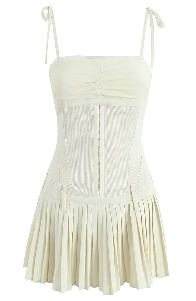 Corset Detail Pleated A Line Dress Ivory