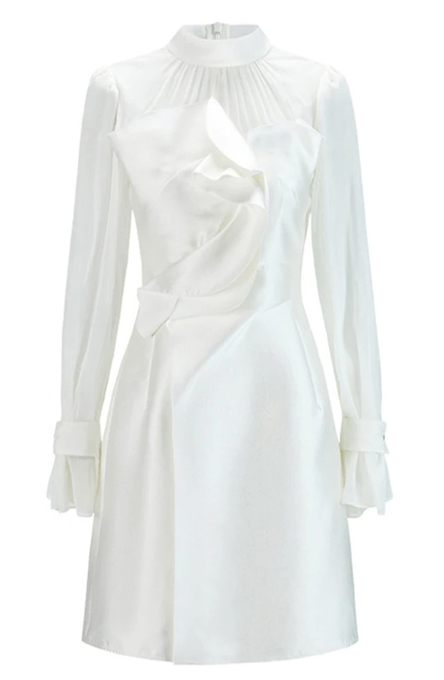 Long Sleeve Draped Detail Dress White