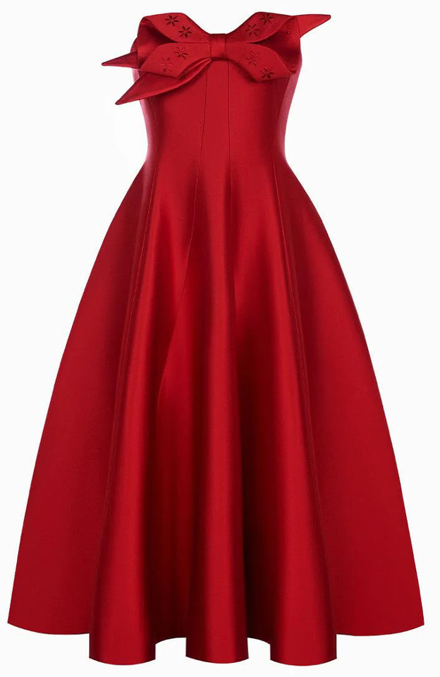Strapless Bow Detail A Line Midi Dress Red