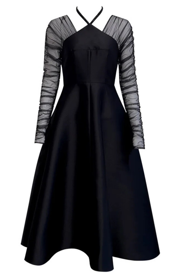 Halter Ruched Long Sleeve A Line Midi Dress Black