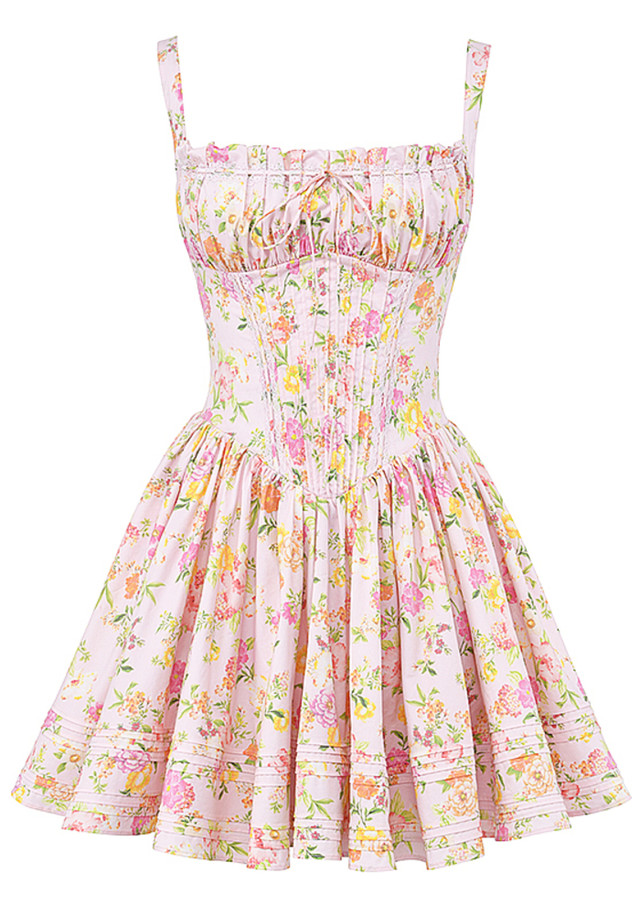 Floral Bustier A Line Dress Pink